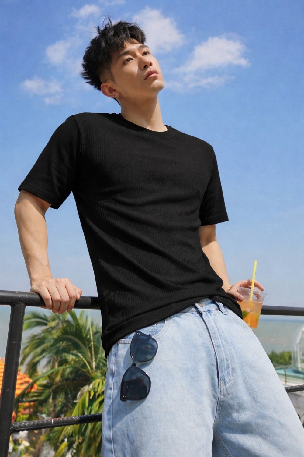 Erkek Jakarlı Oversize Tişört Bisiklet Yaka Rahat Kalıp Yazlık Basic T-Shirt