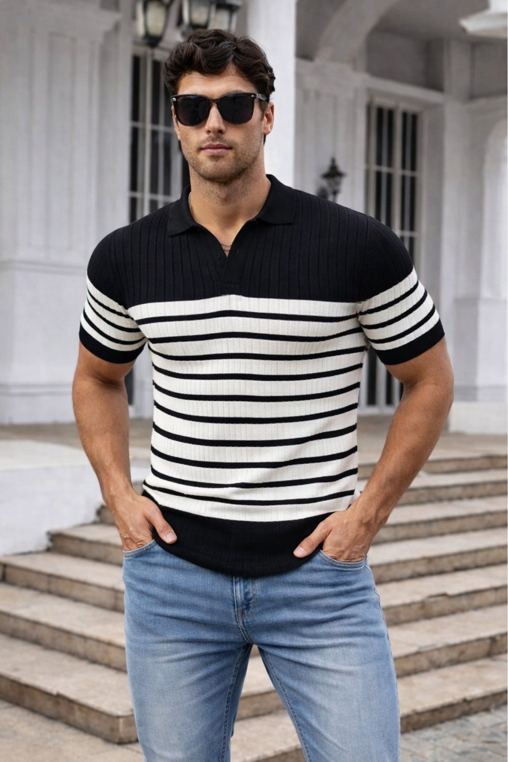 Tarz CoolT-shirtTR2471-SY-XLErkek Çizgili Triko Polo Yaka Slim Fit T-Shirt