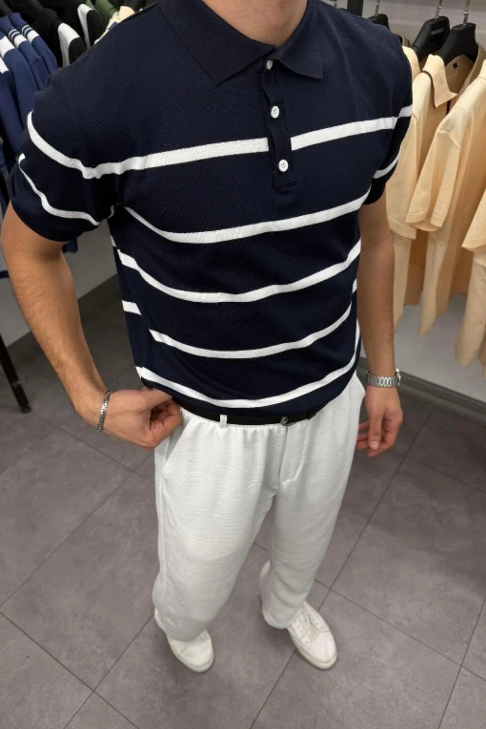 Tarz CoolT-shirtTRZ3013R27Erkek Düğmeli Polo Yaka Çizgi Detaylı Slim Fit Triko T-Shirt