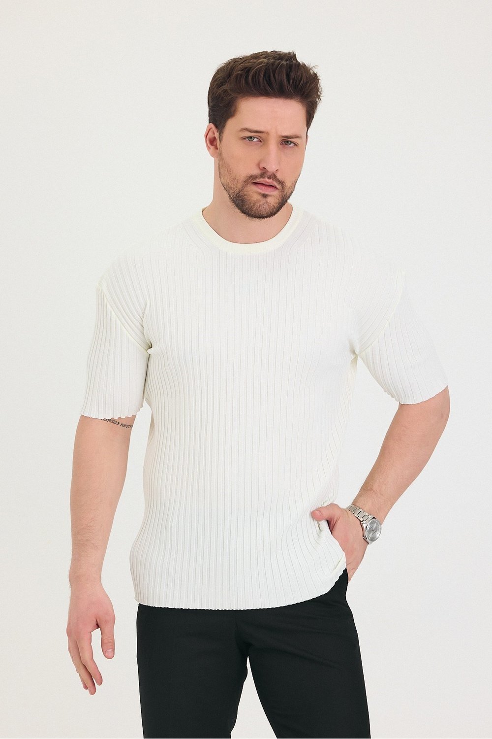 Tarz CoolT-shirtTSH-E-25SS-010-TRK-BYZ-MErkek Bisiklet Yaka Fitilli Kısa Kollu Ince Triko T-shirt
