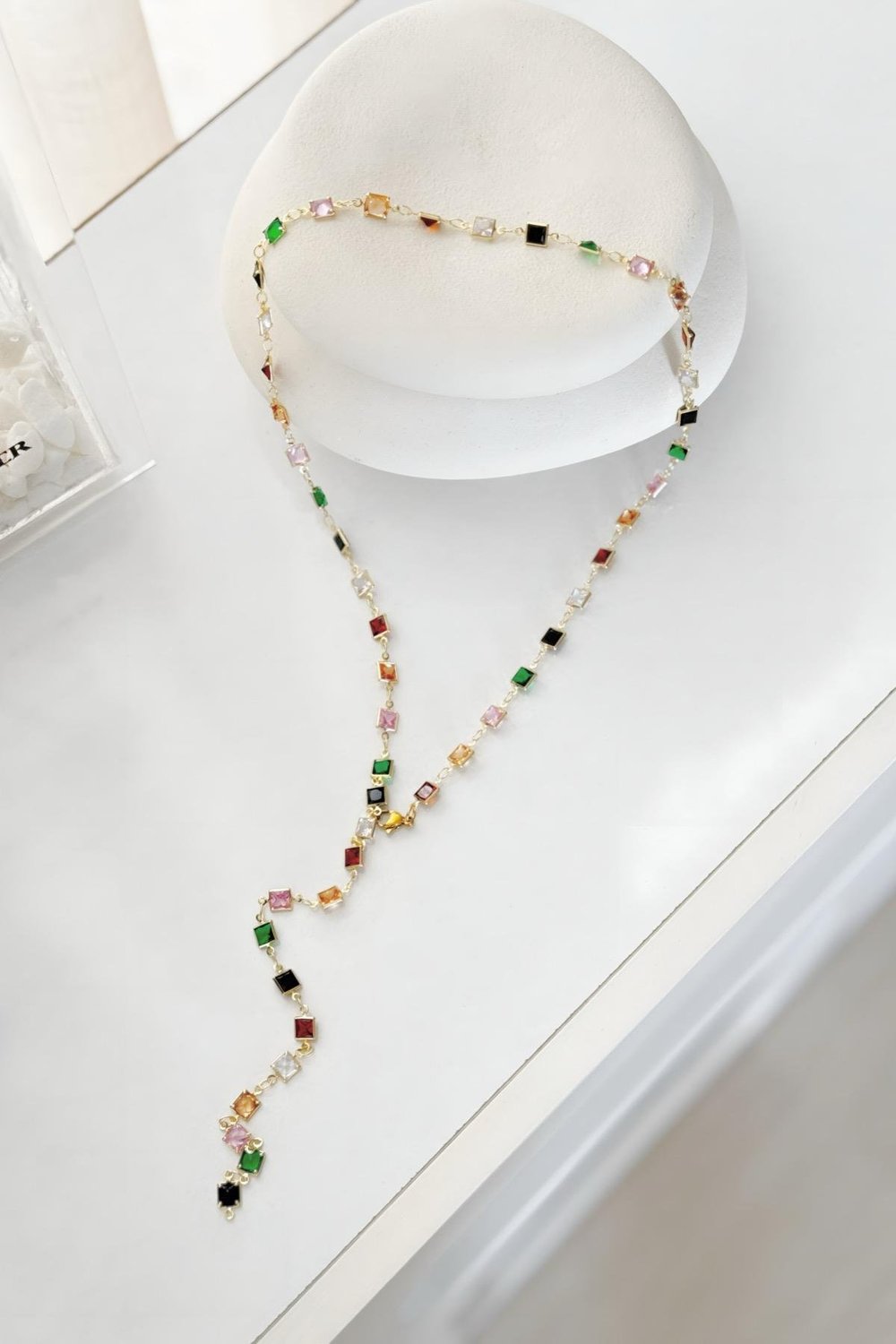 Gold Kare Taşlı Y Çelik  Kolye