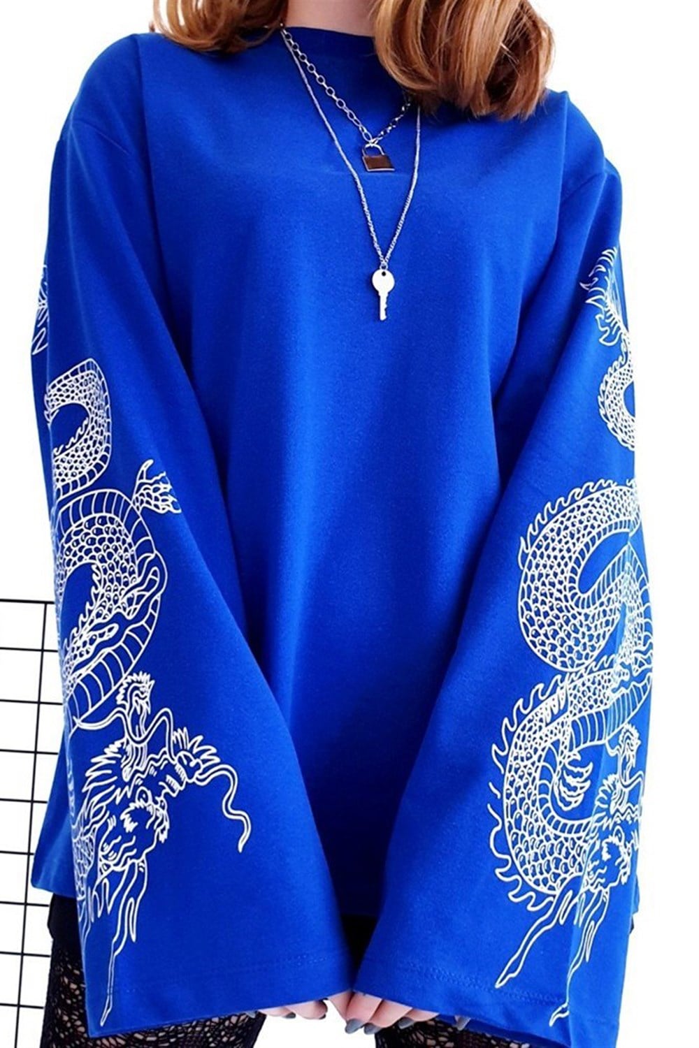 Mavi İspanyol Kol Ejderha Oversize Sweatshit
