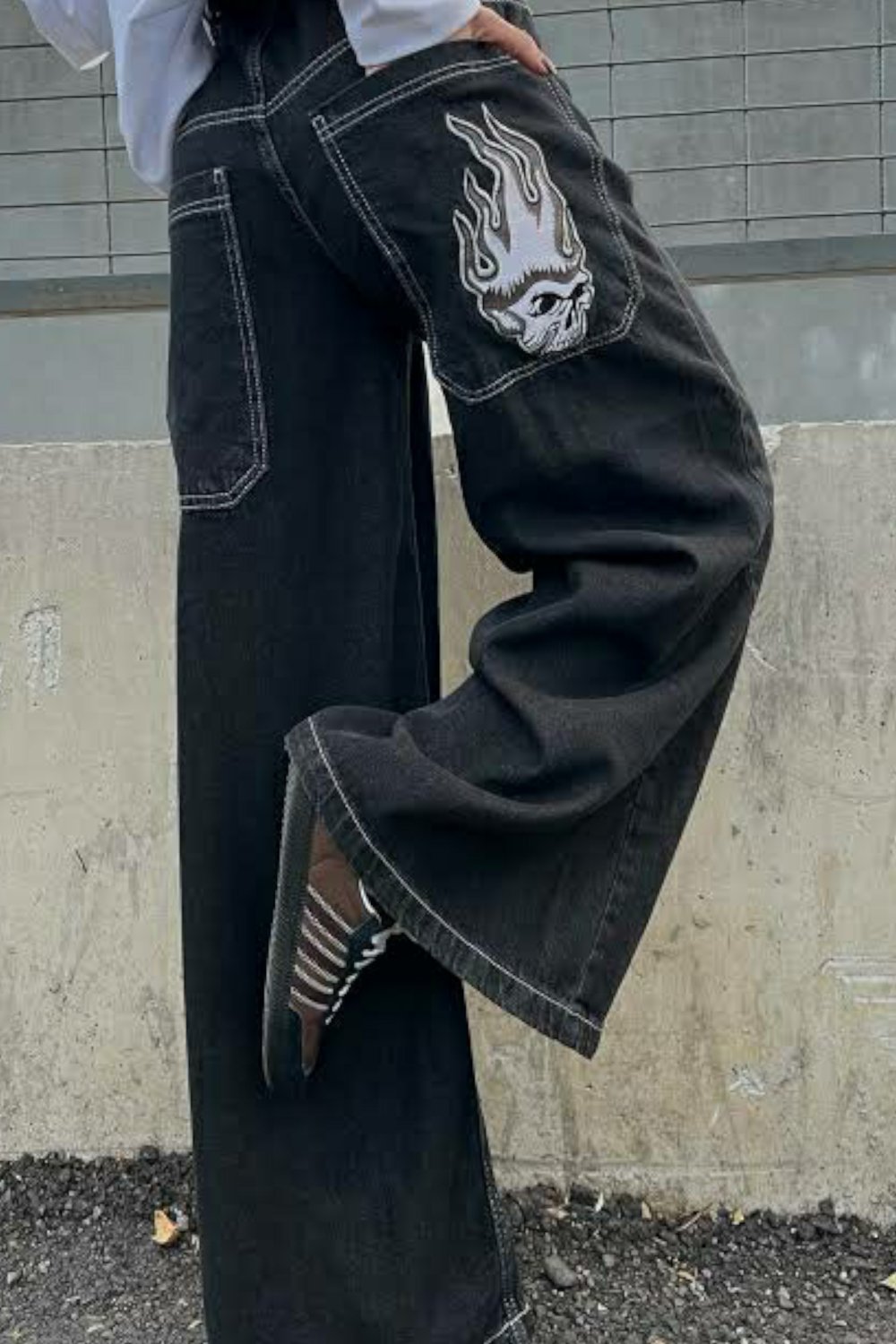 Y2k Flame Skull Baggy Pantolon