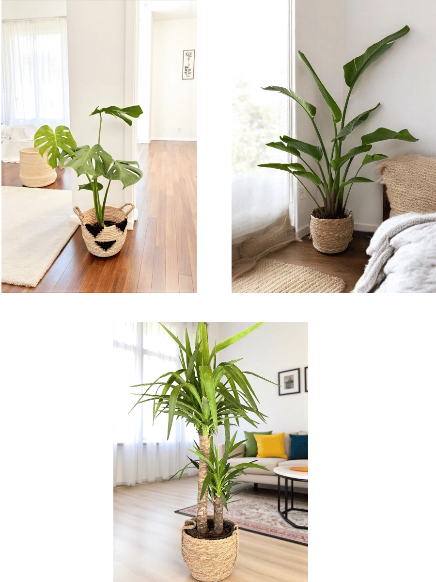 Büyük Salon Çözüm Seti ( 2 Gövdeli Yuka 100 - 120 Cm - Monstera Deve Tabanı - 2 Gövdeli Starliçe 140 - 150 Cm )