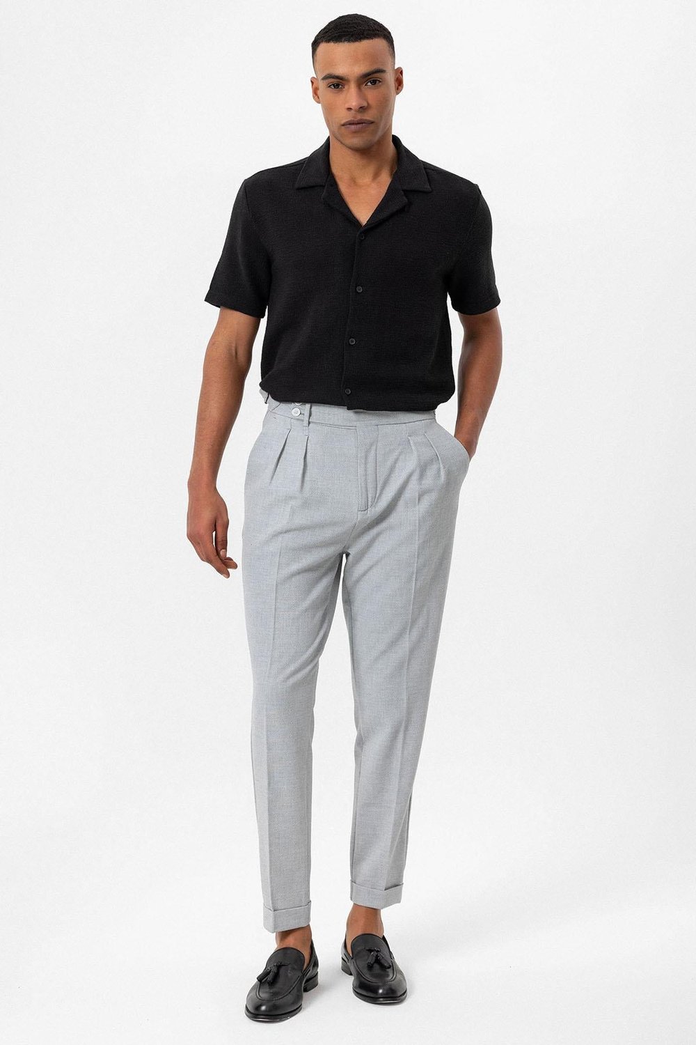 Apaş Collar Knitted Textured Mens Shirt