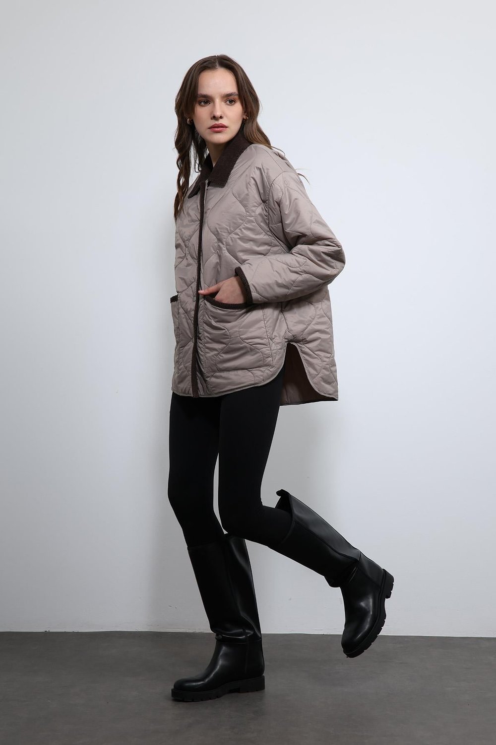 Contrast Collar Patterned Coat