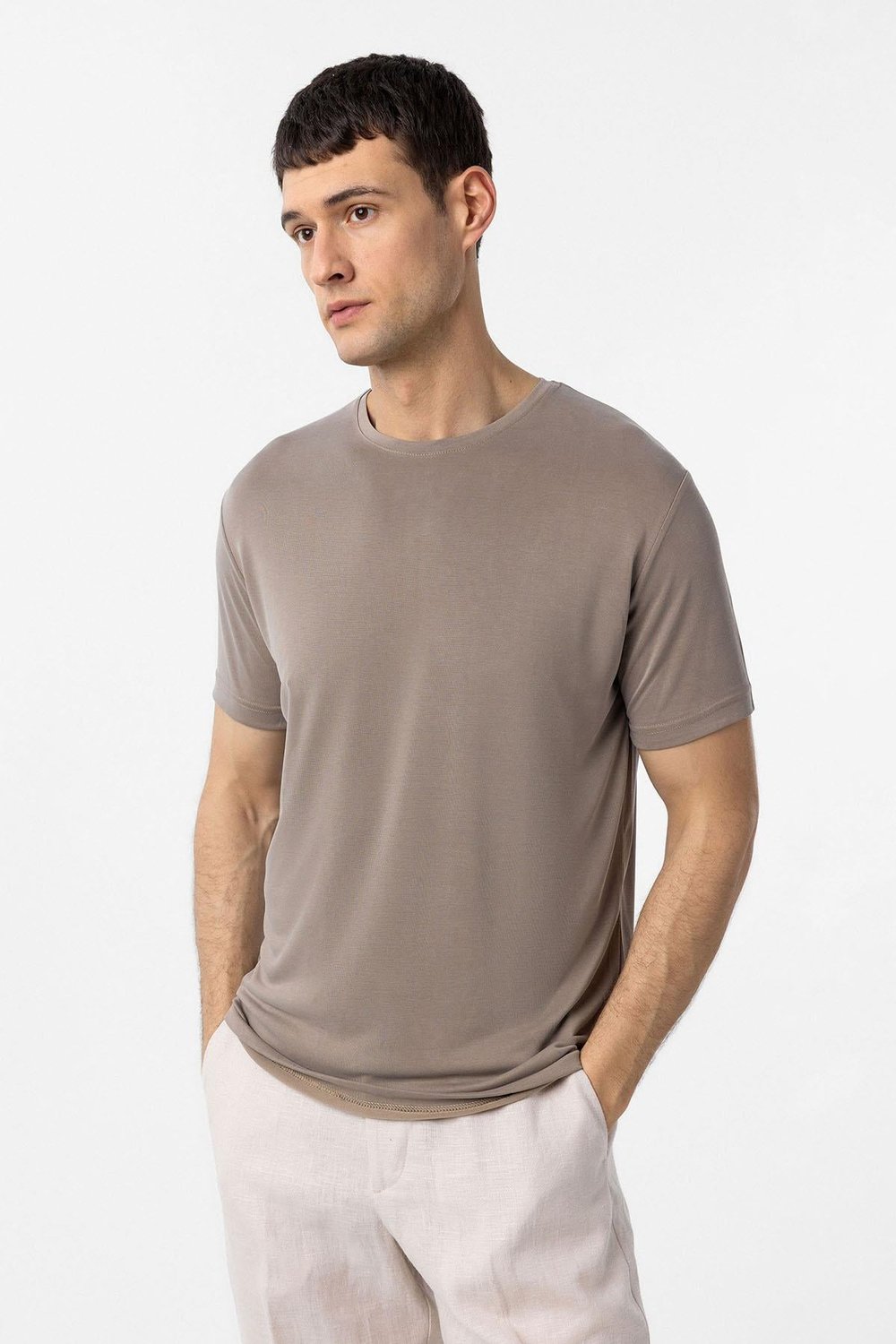 Antioch Bej Regular Fit Modal Teknik Kumaş Erkek T-Shirt