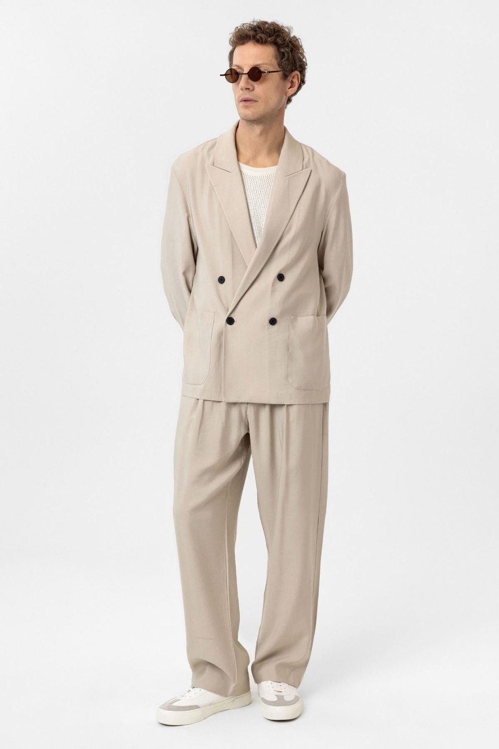 Antioch Bej Relax Fit Diagonel İnce Erkek Blazer Ceket