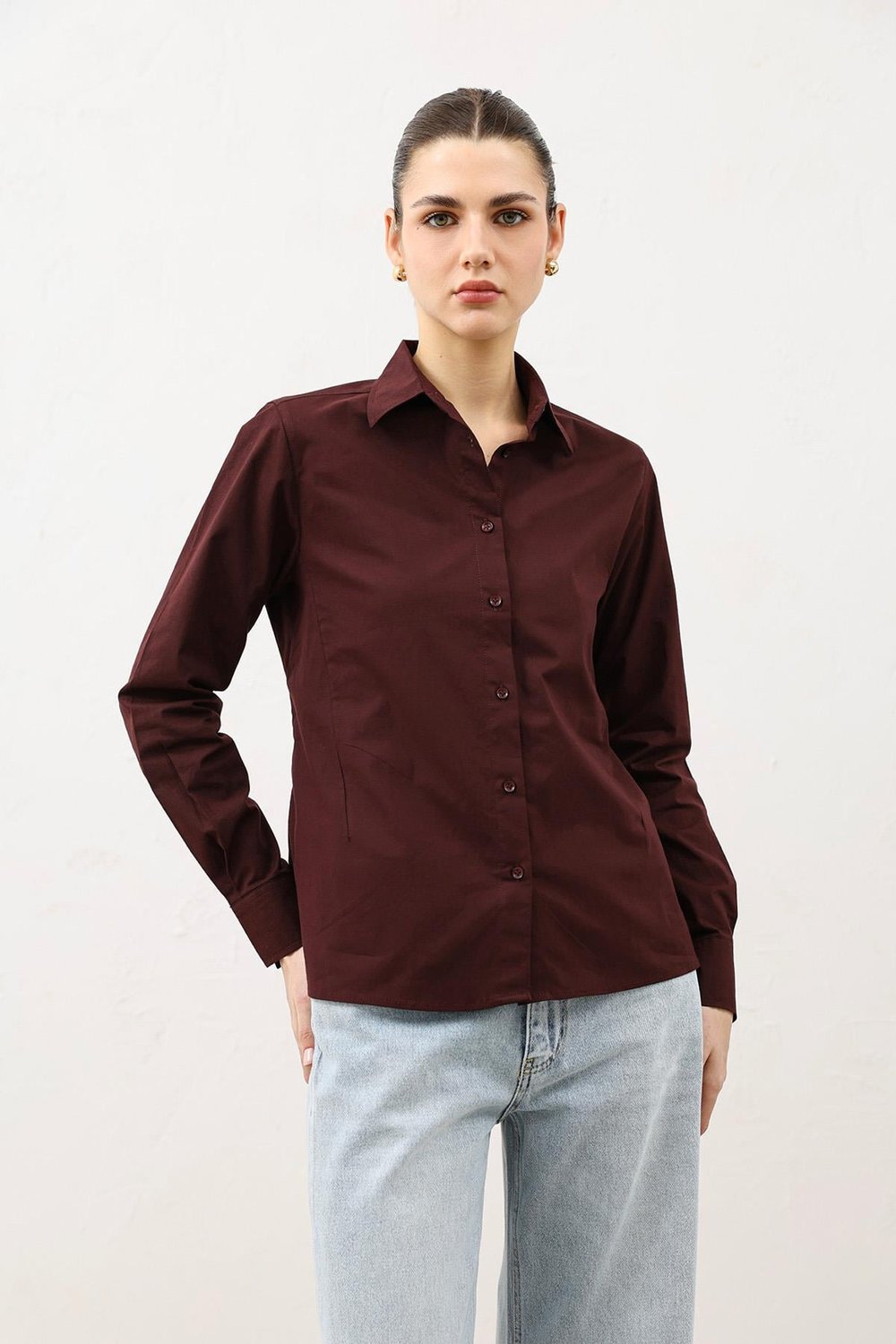 Antioch Bordo Basic Slim Fit Kadın Gömlek