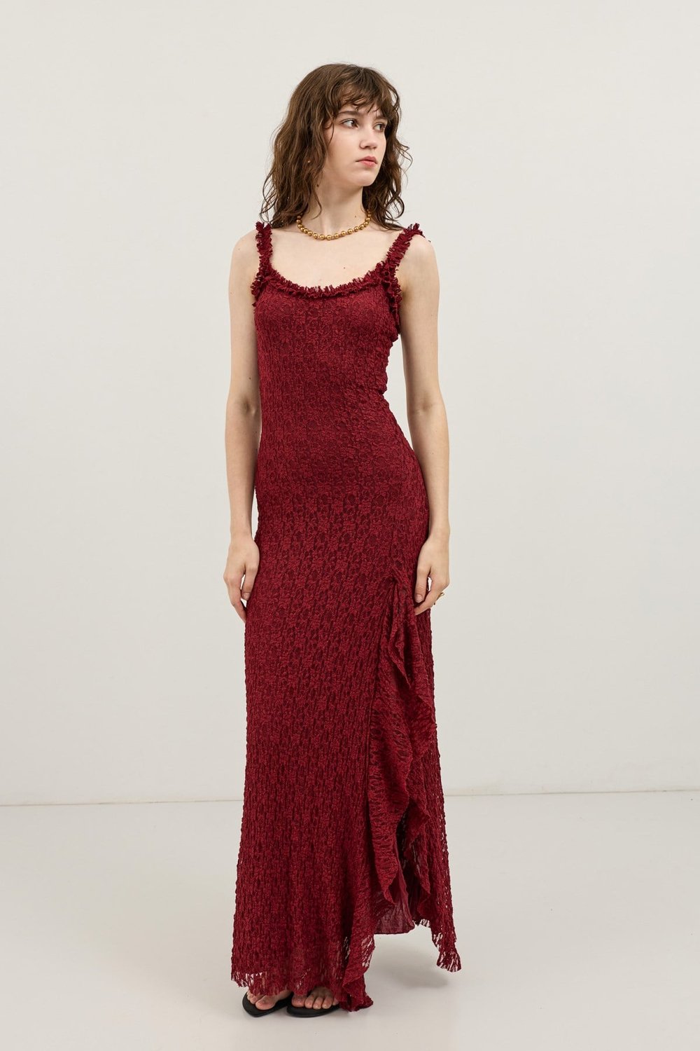 Antioch Bordo Dantelli Midi Elbise