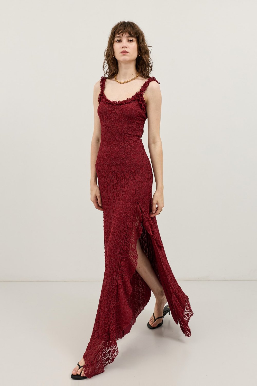 Antioch Bordo Dantelli Midi Elbise