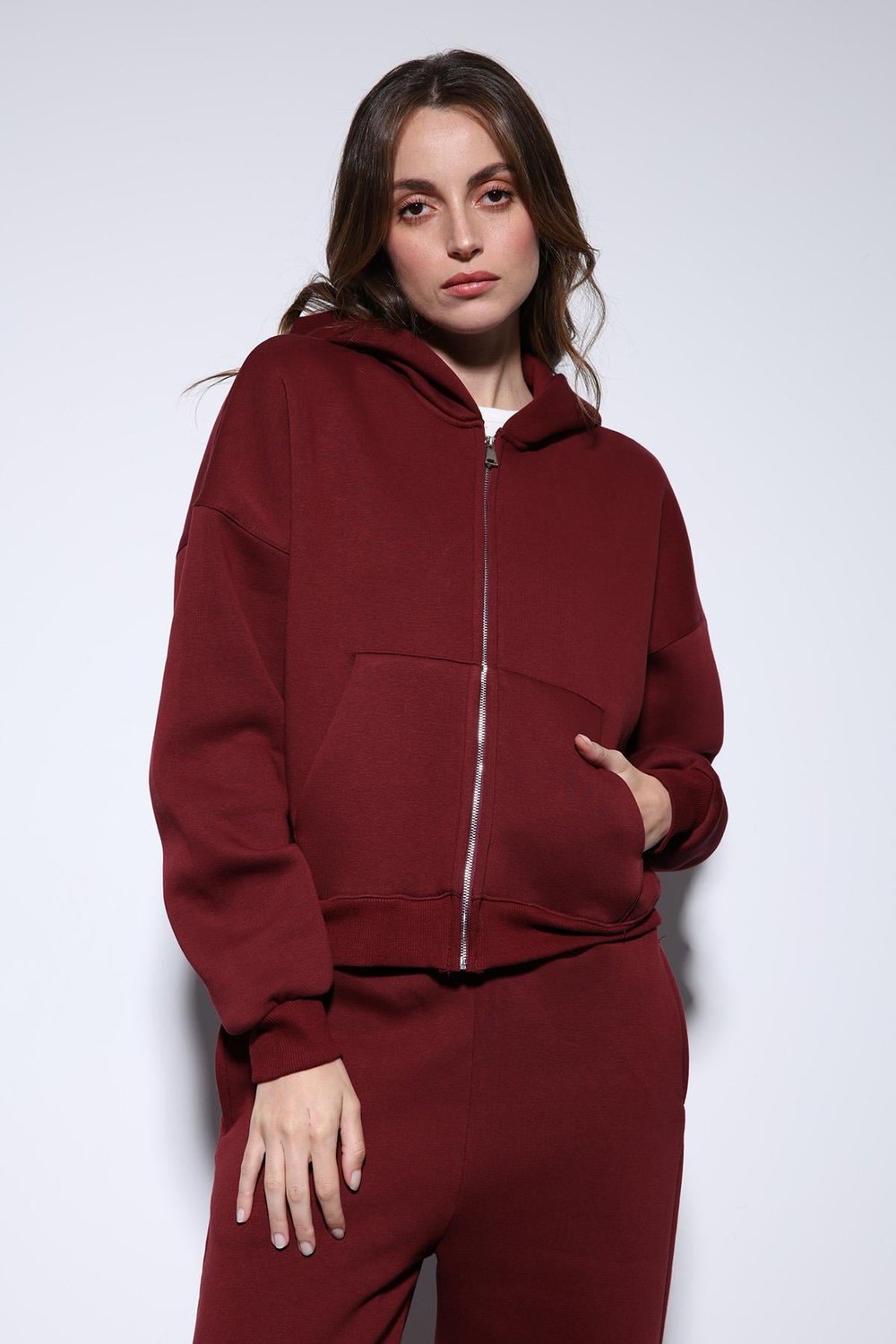 Antioch Bordo Fermuarlı Kapüşonlu Kadın Sweatshirt