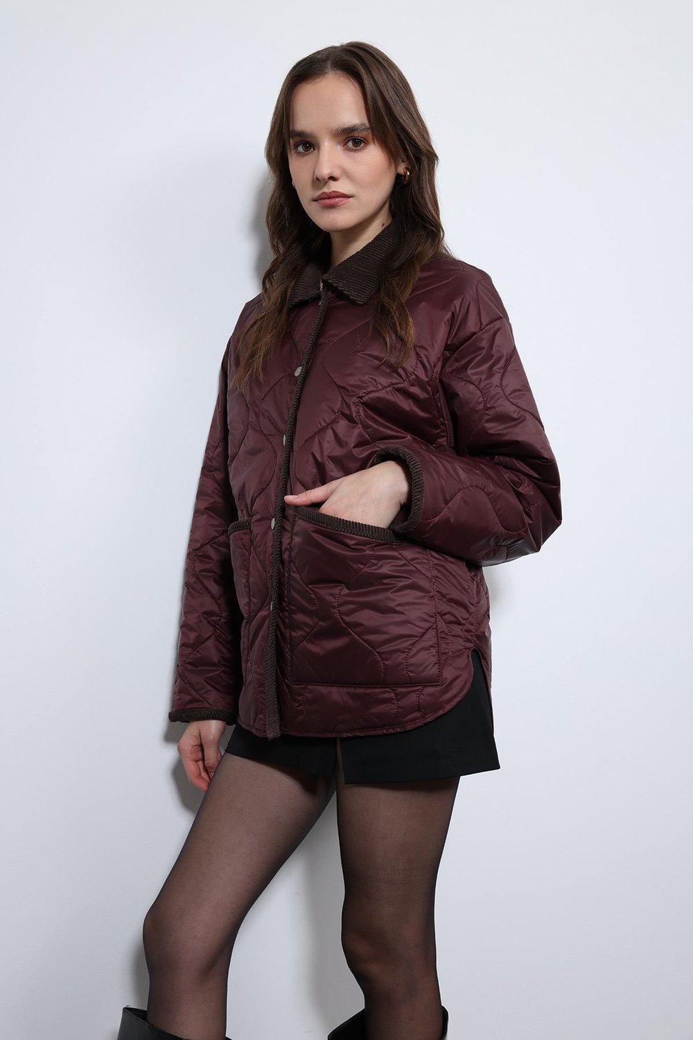 Contrast Collar Patterned Coat