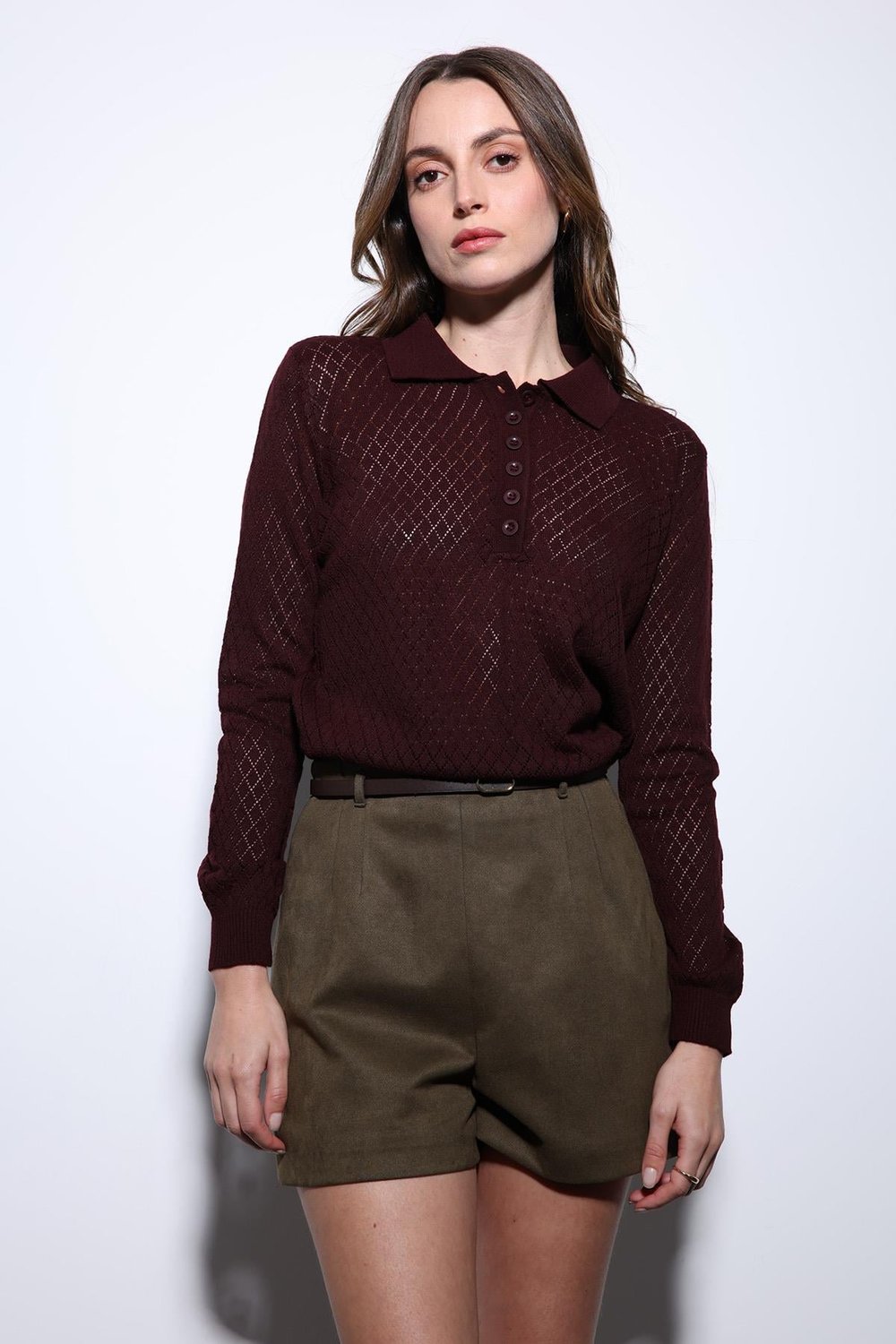 Womens Polo Neck Patterned Knit Sweater