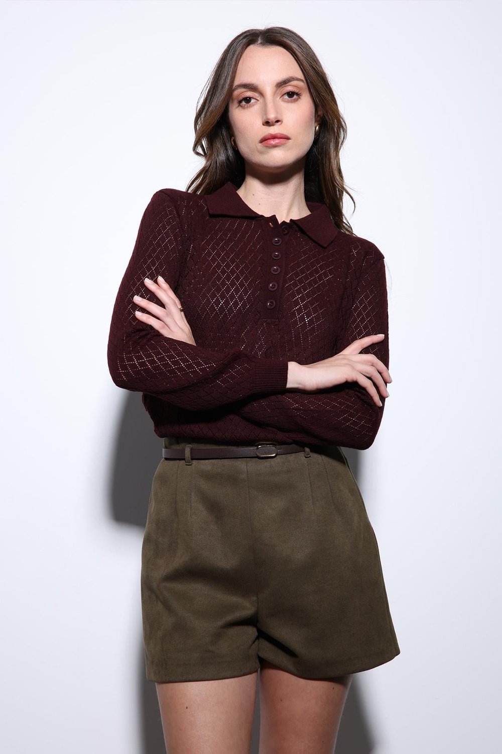 Womens Polo Neck Patterned Knit Sweater