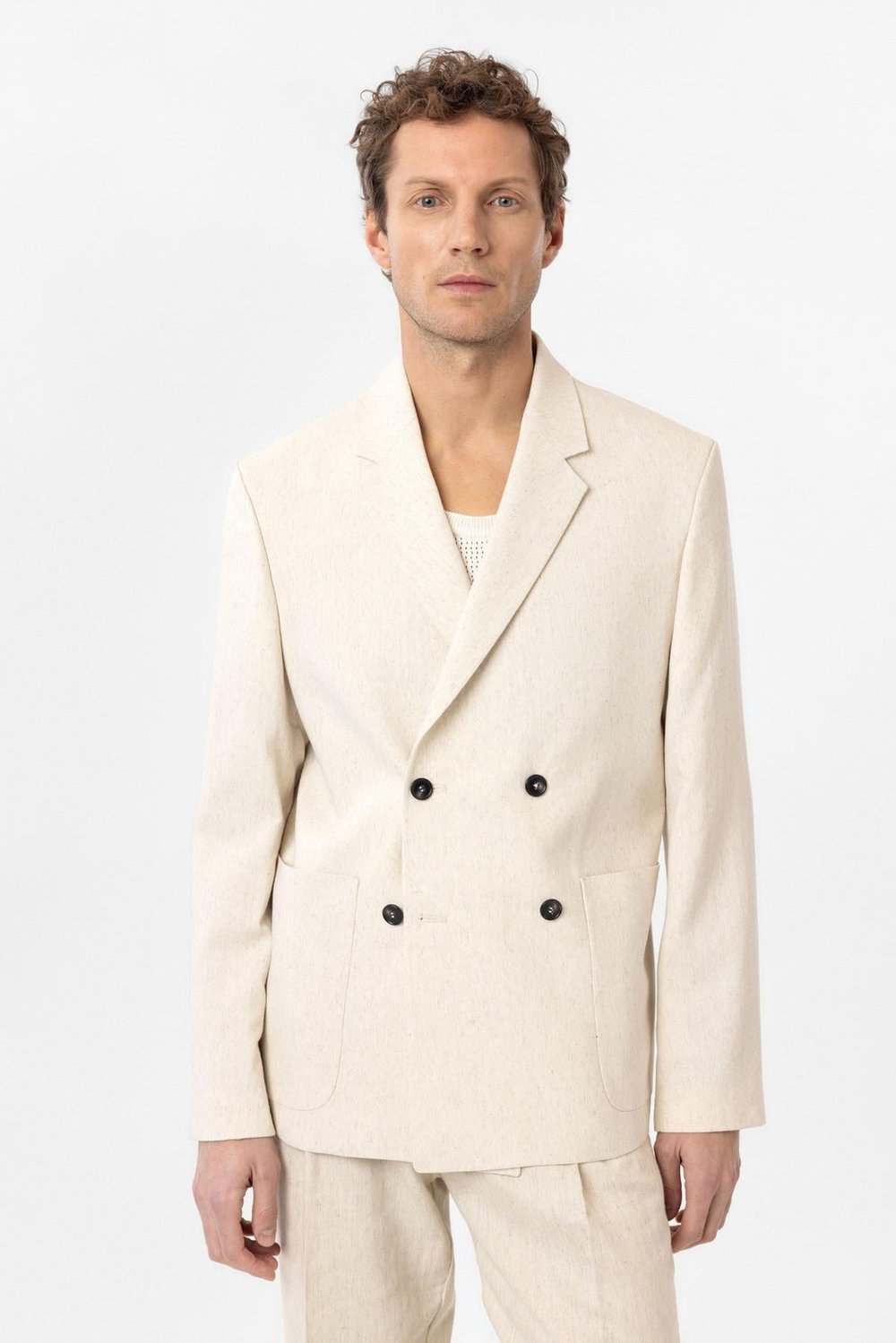 Antioch Ekru Relax Fit Keten Karışımlı Erkek Blazer Ceket