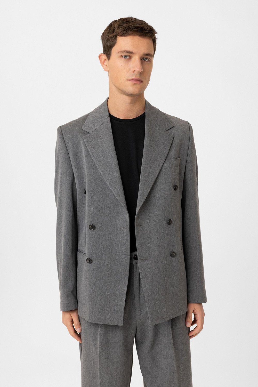 Antioch Gri Relax Fit Kruvaze Erkek Blazer Ceket