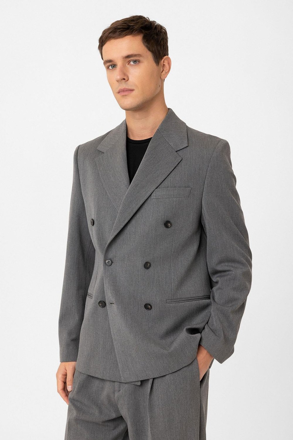 Antioch Gri Relax Fit Kruvaze Erkek Blazer Ceket