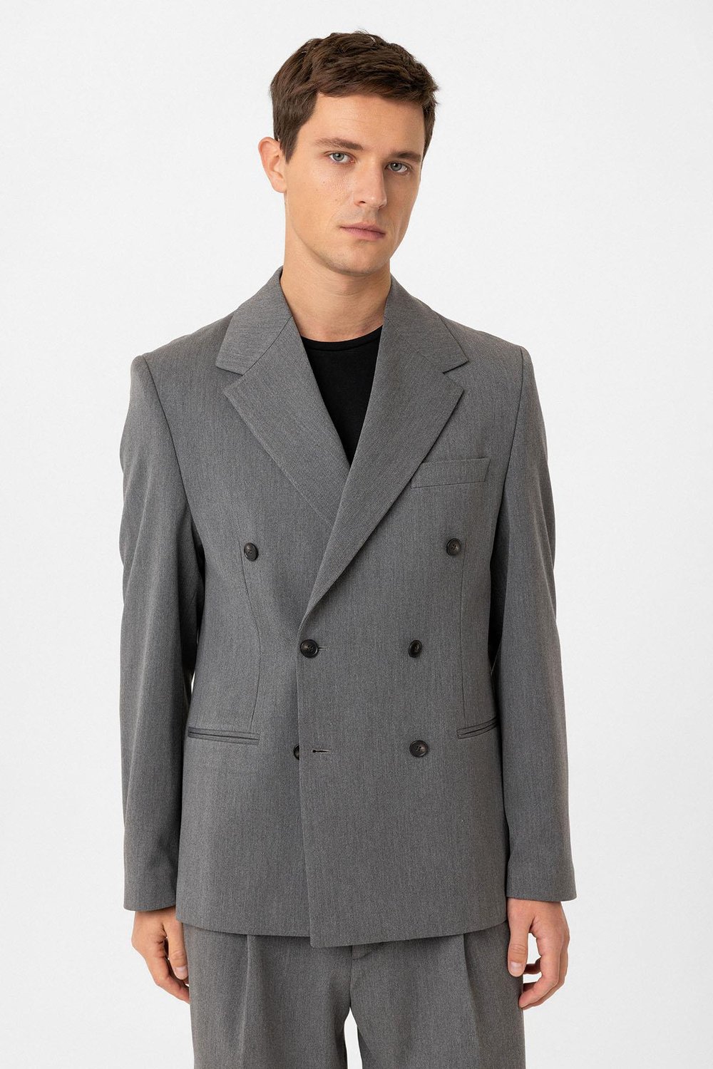 Antioch Gri Relax Fit Kruvaze Erkek Blazer Ceket