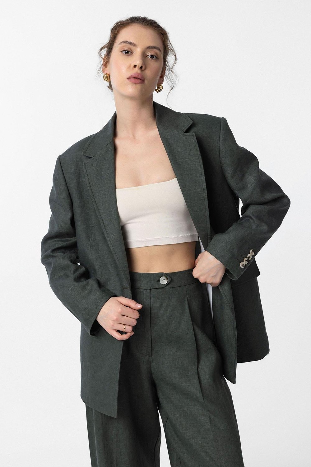 Antioch Haki 100% Keten Kadın Blazer Ceket