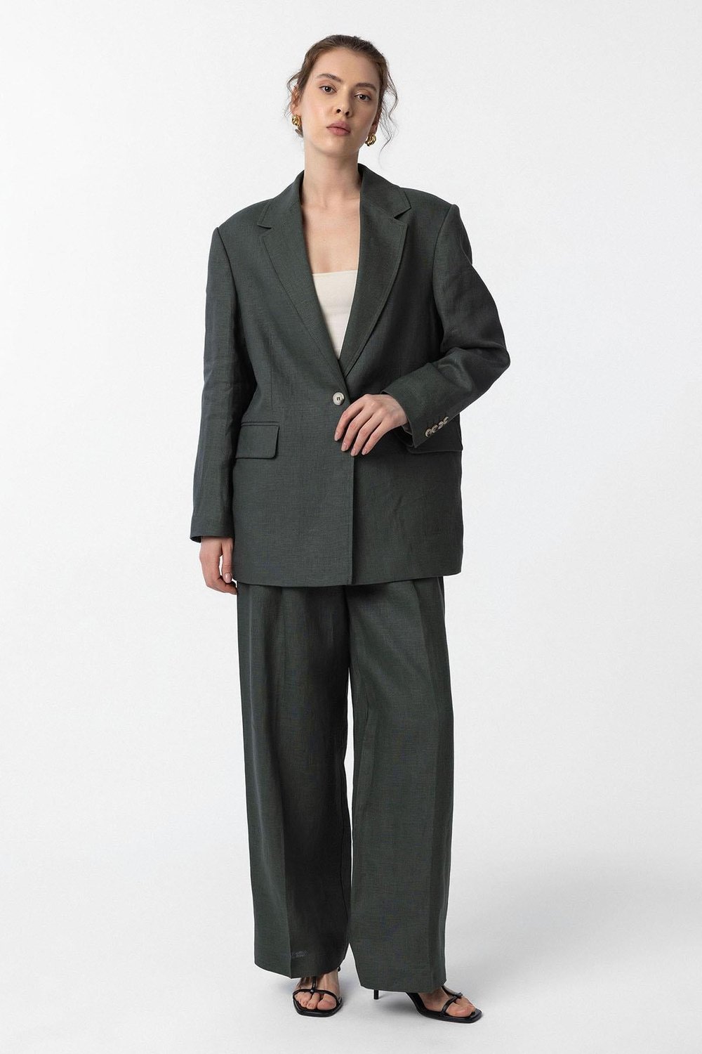 Antioch Haki 100% Keten Kadın Blazer Ceket