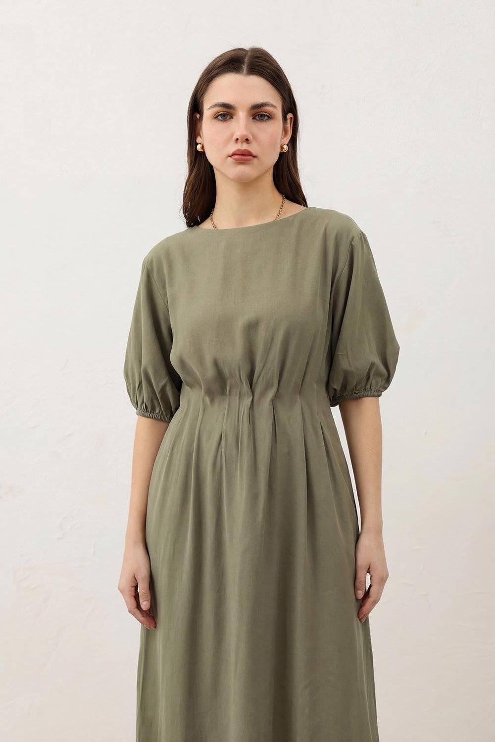 Womens Midi Balloon-Sleeve Dress