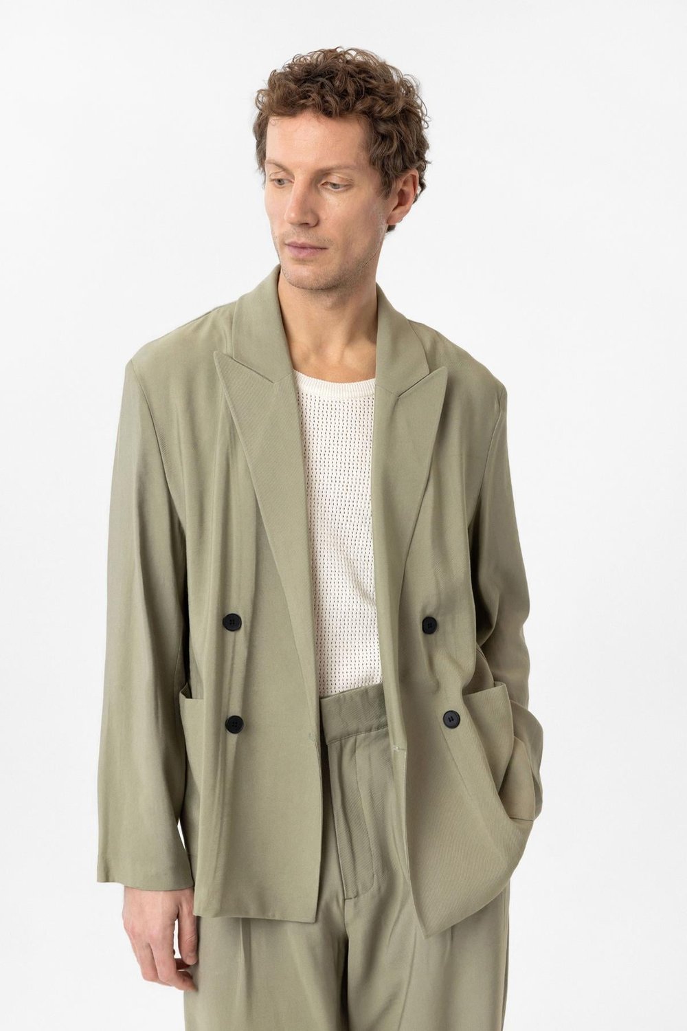 Antioch Haki Relax Fit Diagonel İnce Erkek Blazer Ceket