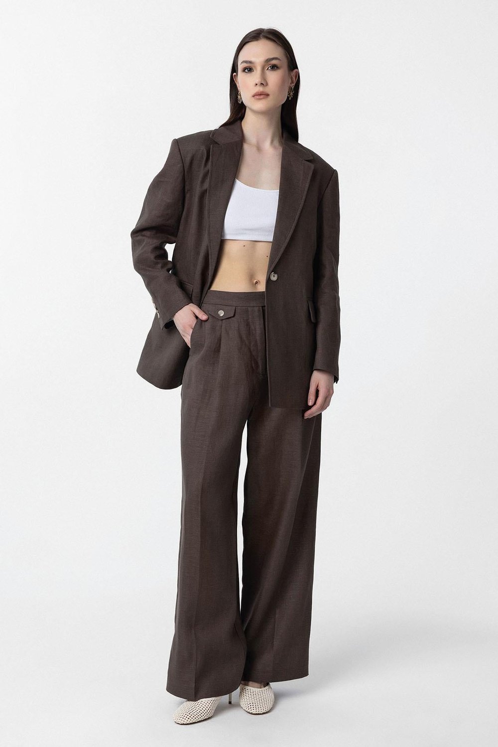Antioch Kahve 100% Keten Kadın Blazer Ceket