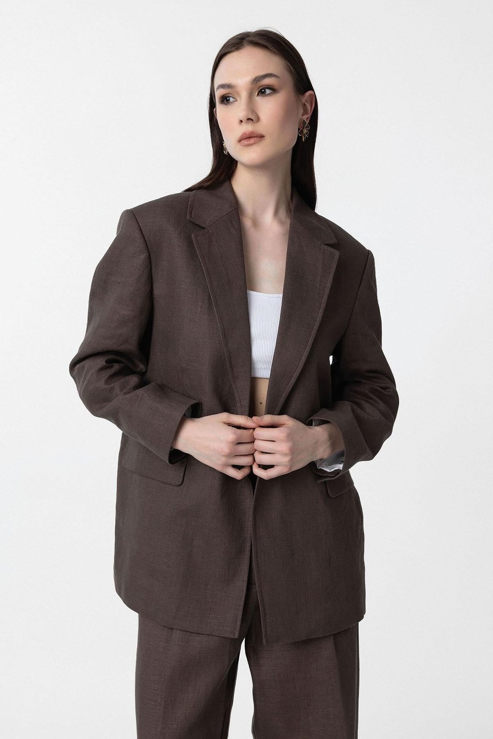Antioch Kahve 100% Keten Kadın Blazer Ceket