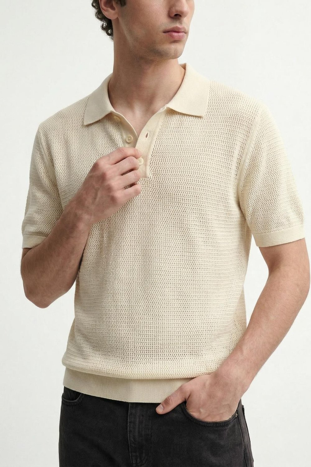 Mens Knit-Textured Polo Neck T-Shirt
