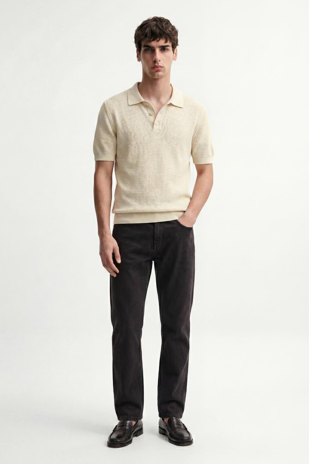 Mens Knit-Textured Polo Neck T-Shirt