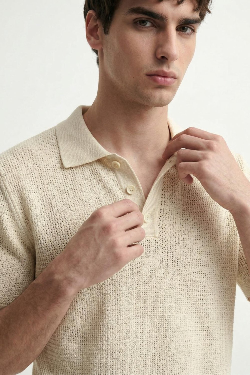 Mens Knit-Textured Polo Neck T-Shirt