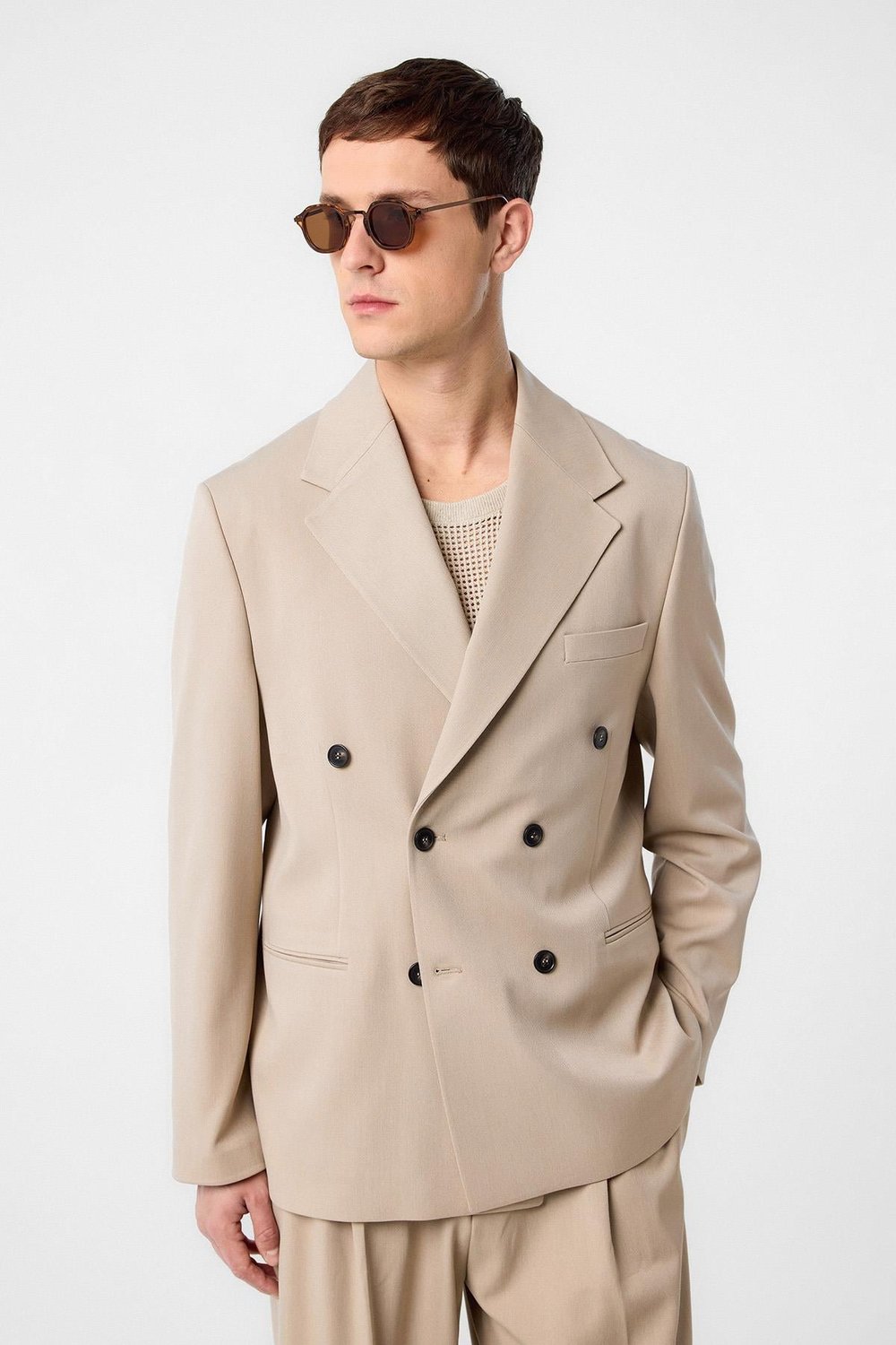 Antioch Koyu Bej Relax Fit Kruvaze Erkek Blazer Ceket