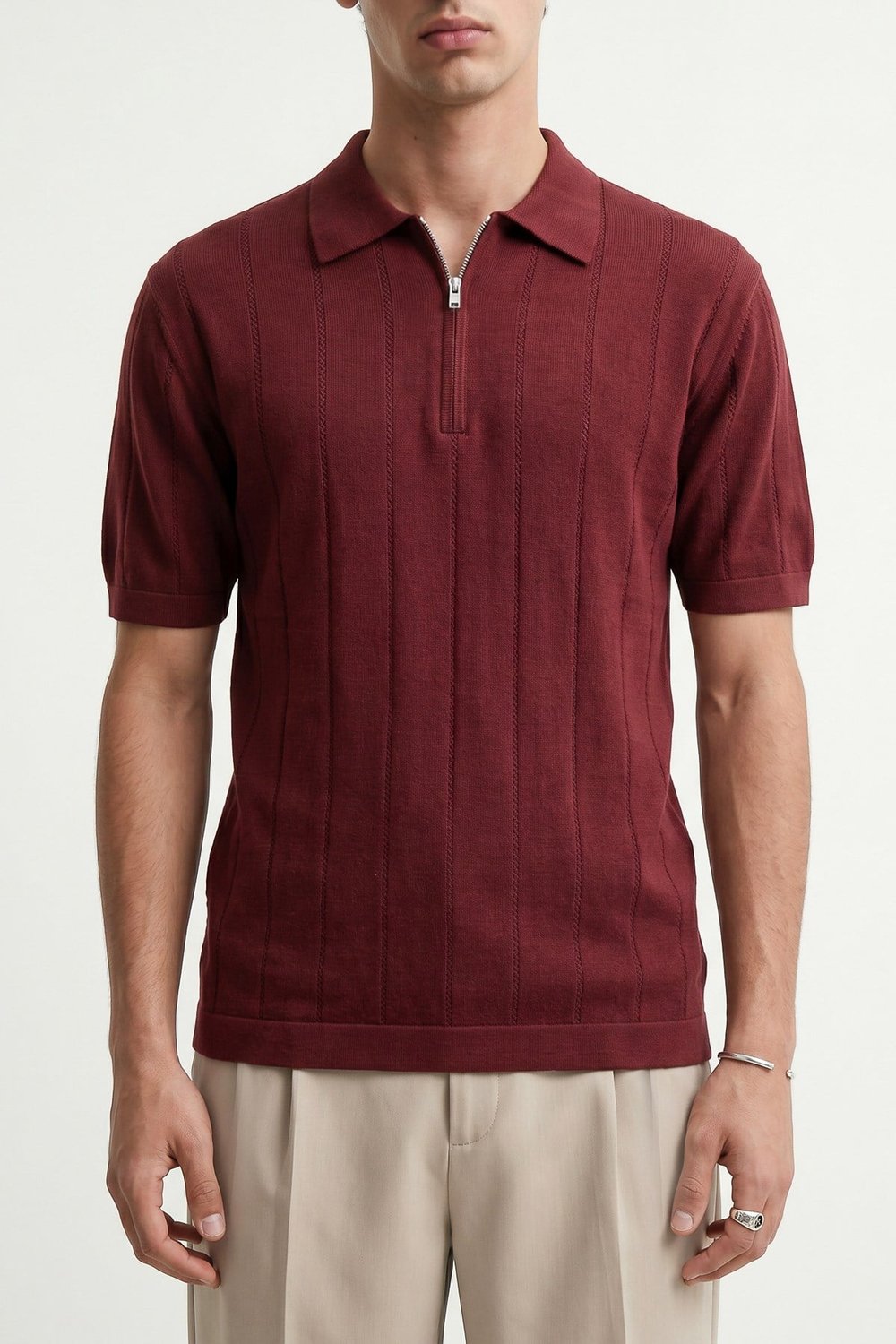 Antioch Koyu Bordo Fermuar Yaka Çizgili Triko Erkek T-Shirt