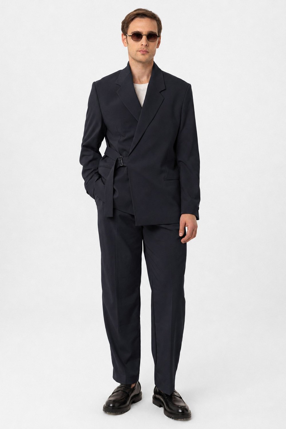 Belted Relaxed Fit Mens Blazer Jacket