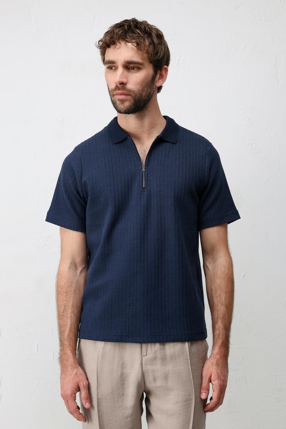 Antioch Lacivert Dokulu Örme Polo Yaka Erkek T-Shirt