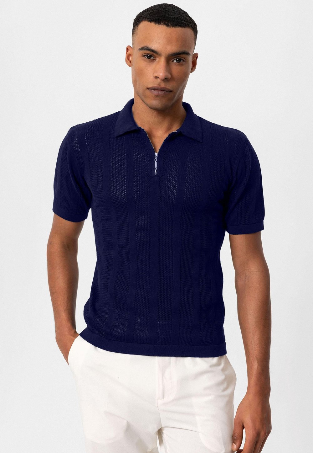 Antioch Lacivert Polo Yaka Fermuarlı Örme Erkek T-Shirt