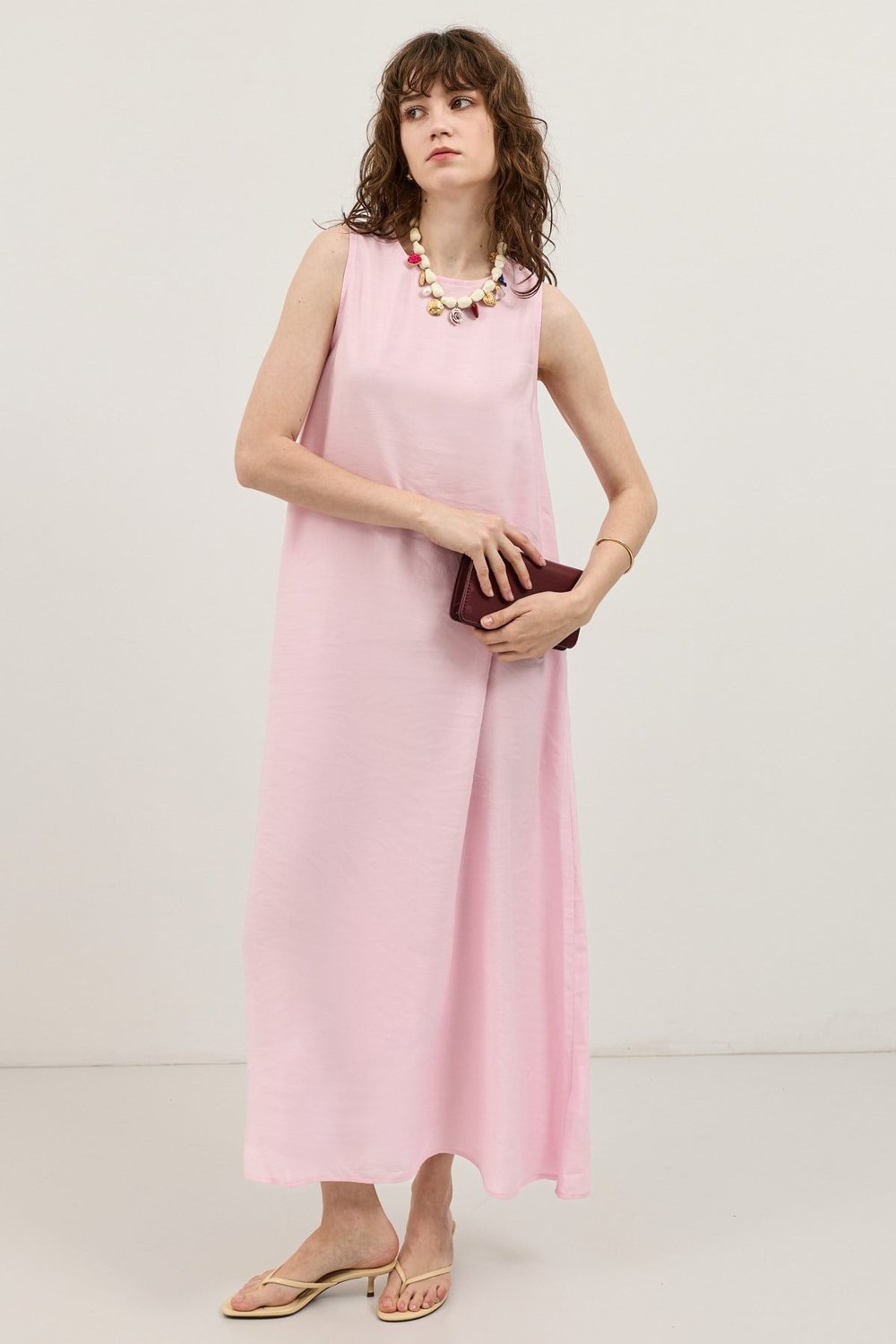Antioch Pembe Dökümlü Halter Yaka Midi Elbise