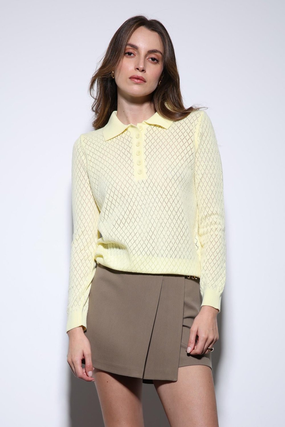 Womens Polo Neck Patterned Knit Sweater
