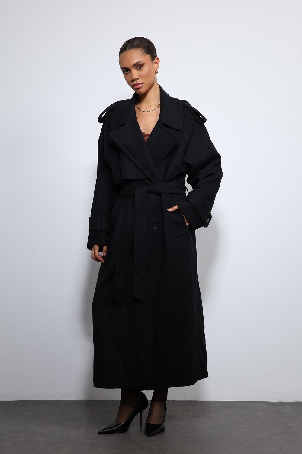 Antioch Siyah Oversize Kemerli Kaban