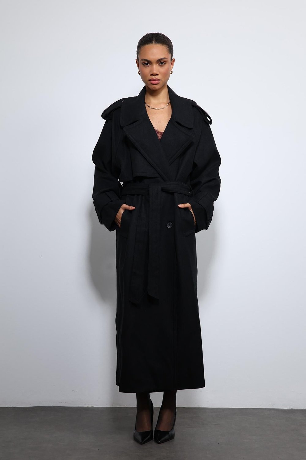 Antioch Siyah Oversize Kemerli Kaban
