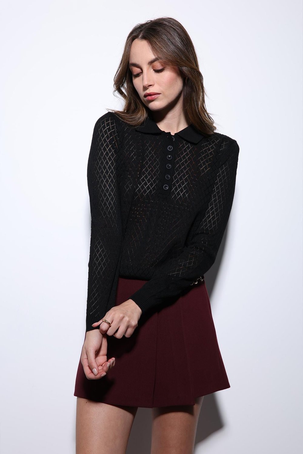 Womens Polo Neck Patterned Knit Sweater