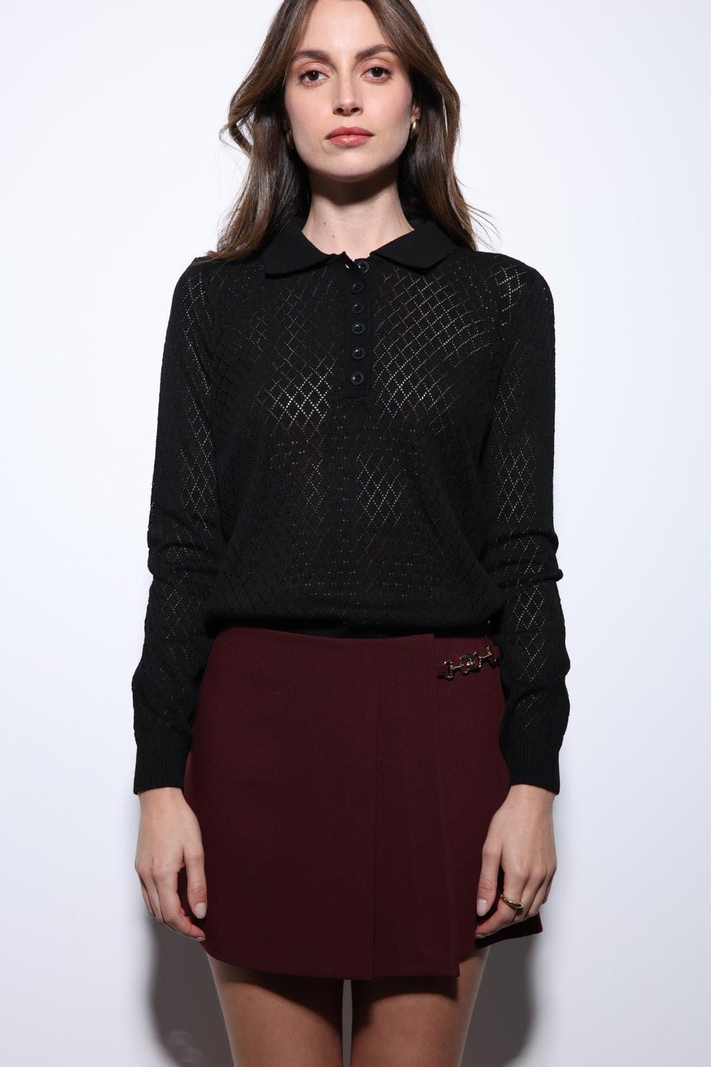 Womens Polo Neck Patterned Knit Sweater