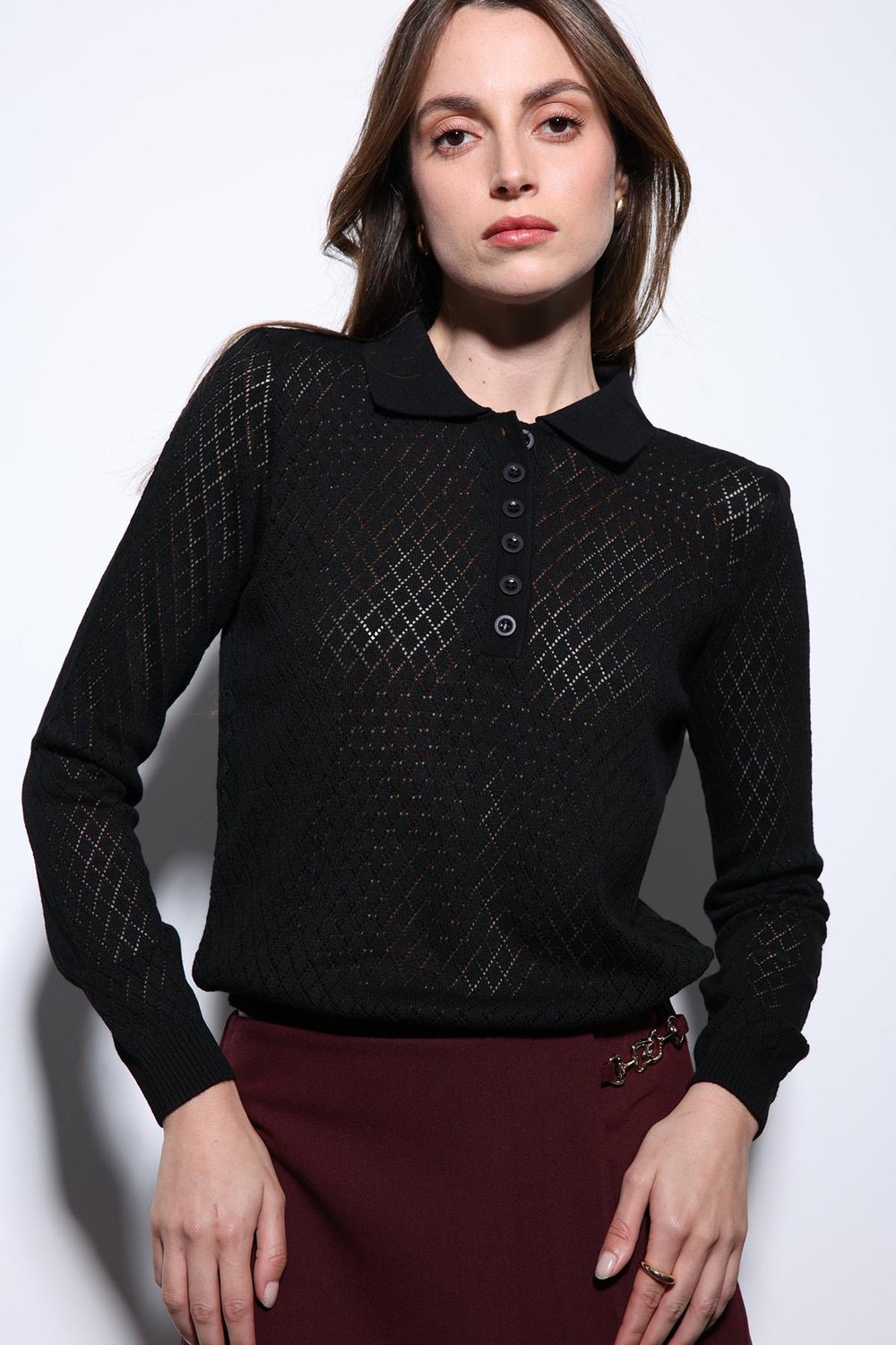 Womens Polo Neck Patterned Knit Sweater