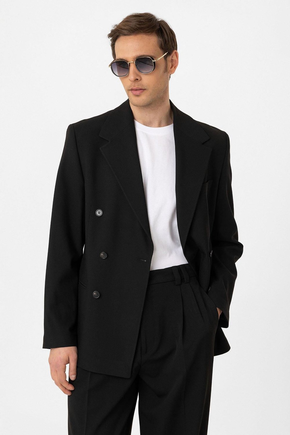 Antioch Siyah Relax Fit Kruvaze Erkek Blazer Ceket