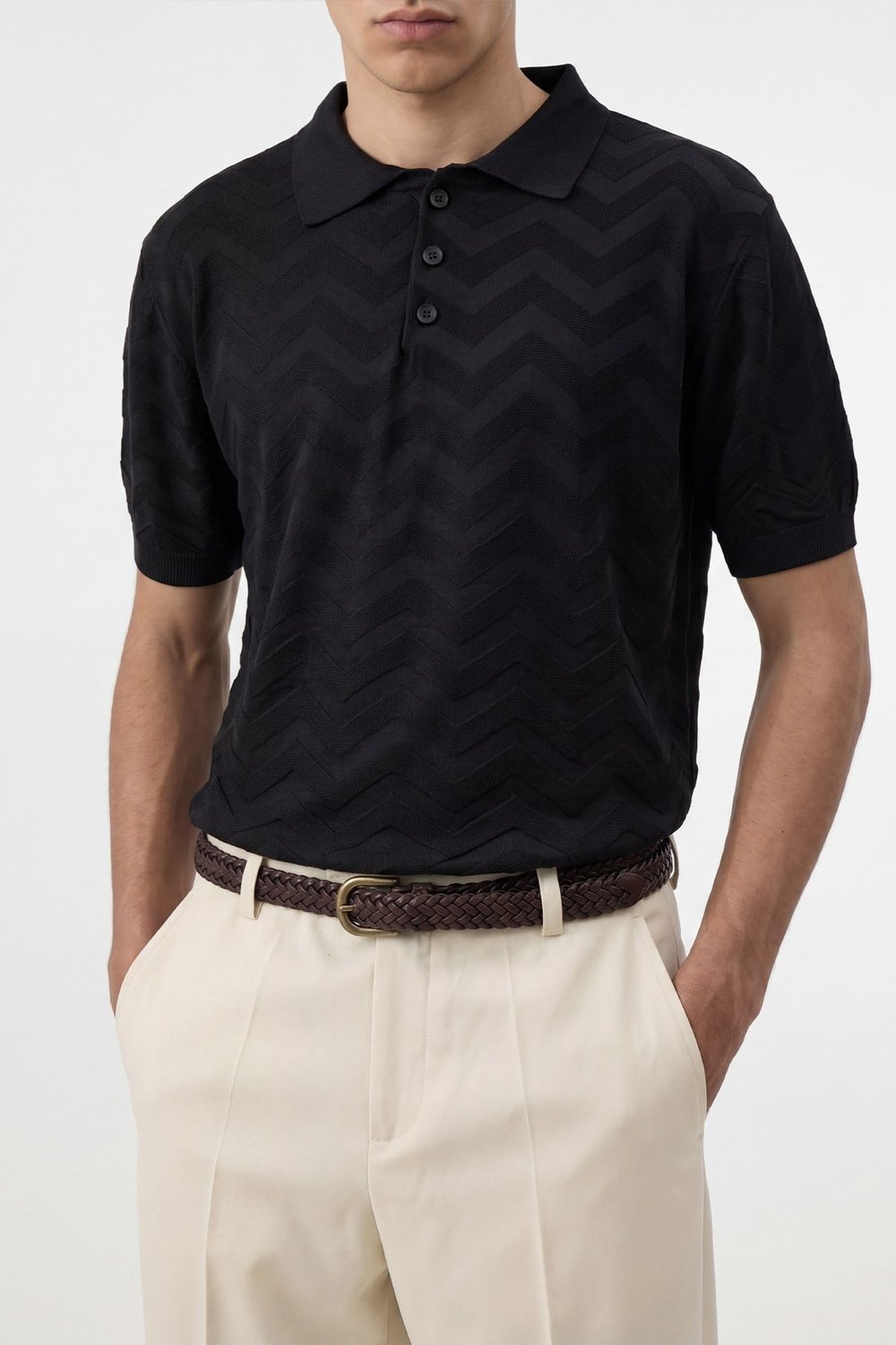 Antioch Siyah Zigzag Desenli Polo Yaka Triko Erkek T-Shirt