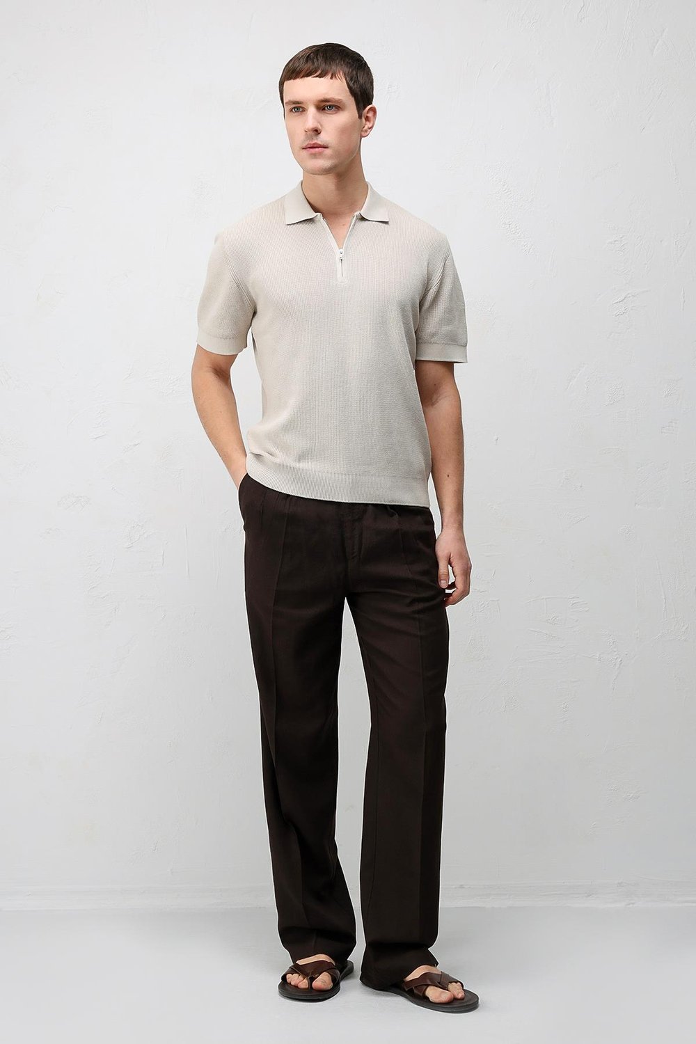 Antioch Taş Comfort Slim Fermuarlı Erkek Triko T-Shirt