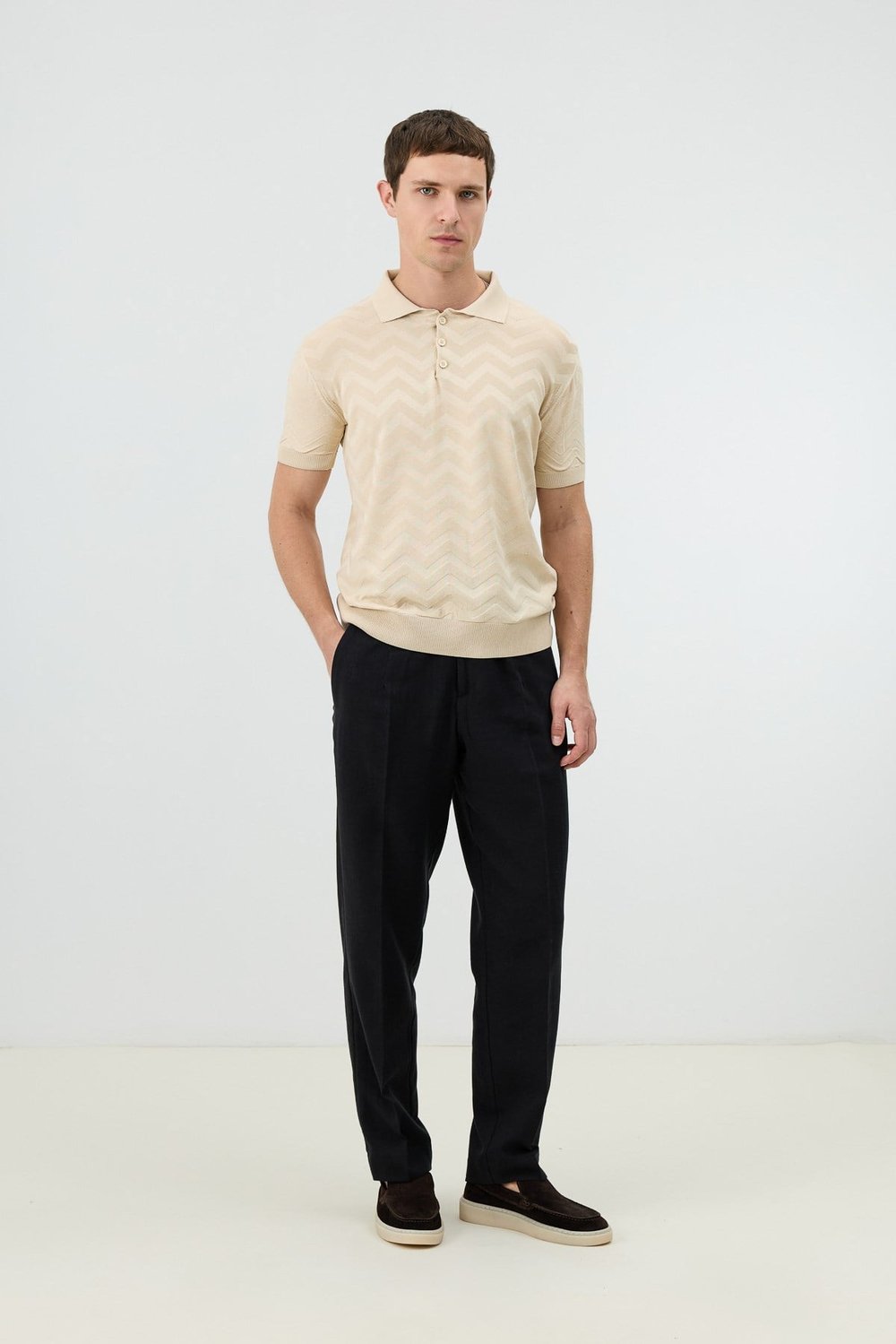 Antioch Taş Zigzag Desenli Polo Yaka Triko Erkek T-Shirt