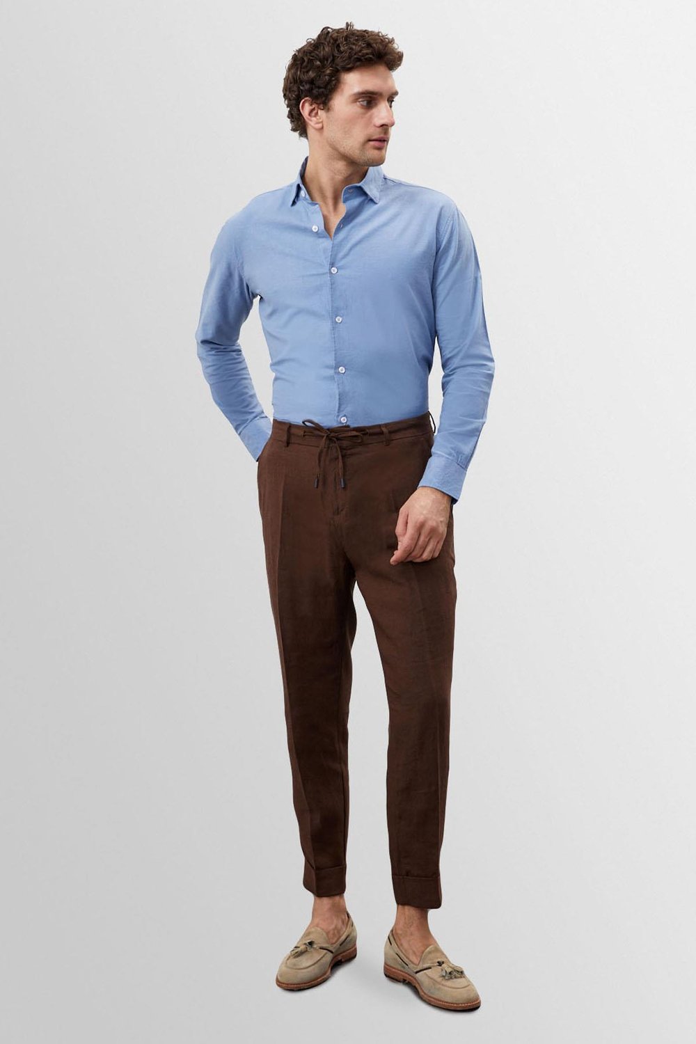 Collar Button Detailed 100% Linen Mens Shirt