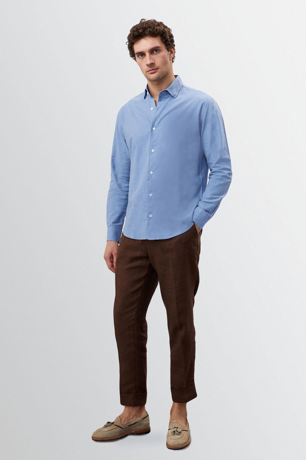 Collar Button Detailed 100% Linen Mens Shirt